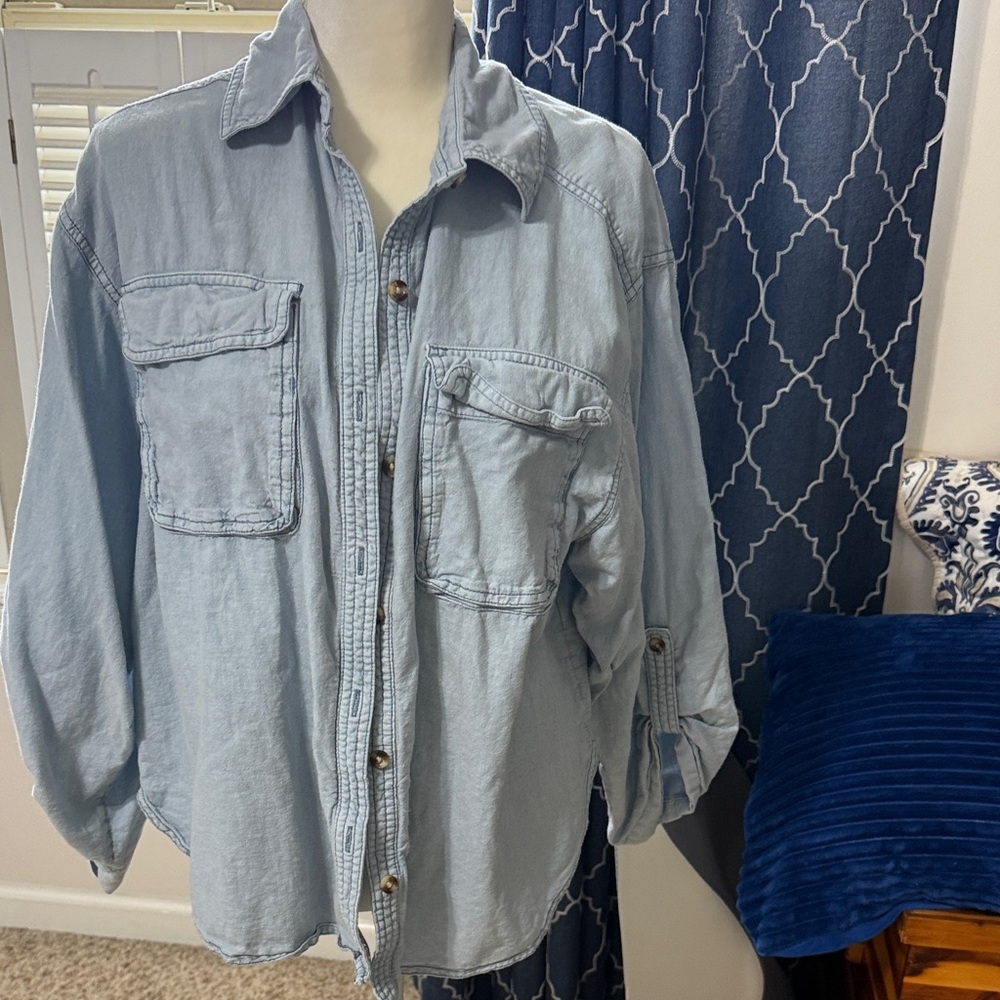 Free People Light Blue Casual Button Down Shirt